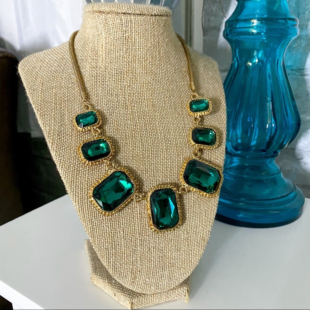 Goldtone Statement Necklace with Deep Emerald Green Stones